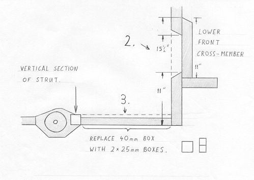 Quantum 2+2 lower near side and lower front engine frame modification to fit the Zetec engine.  Diagram supplied by Daryl Webb.